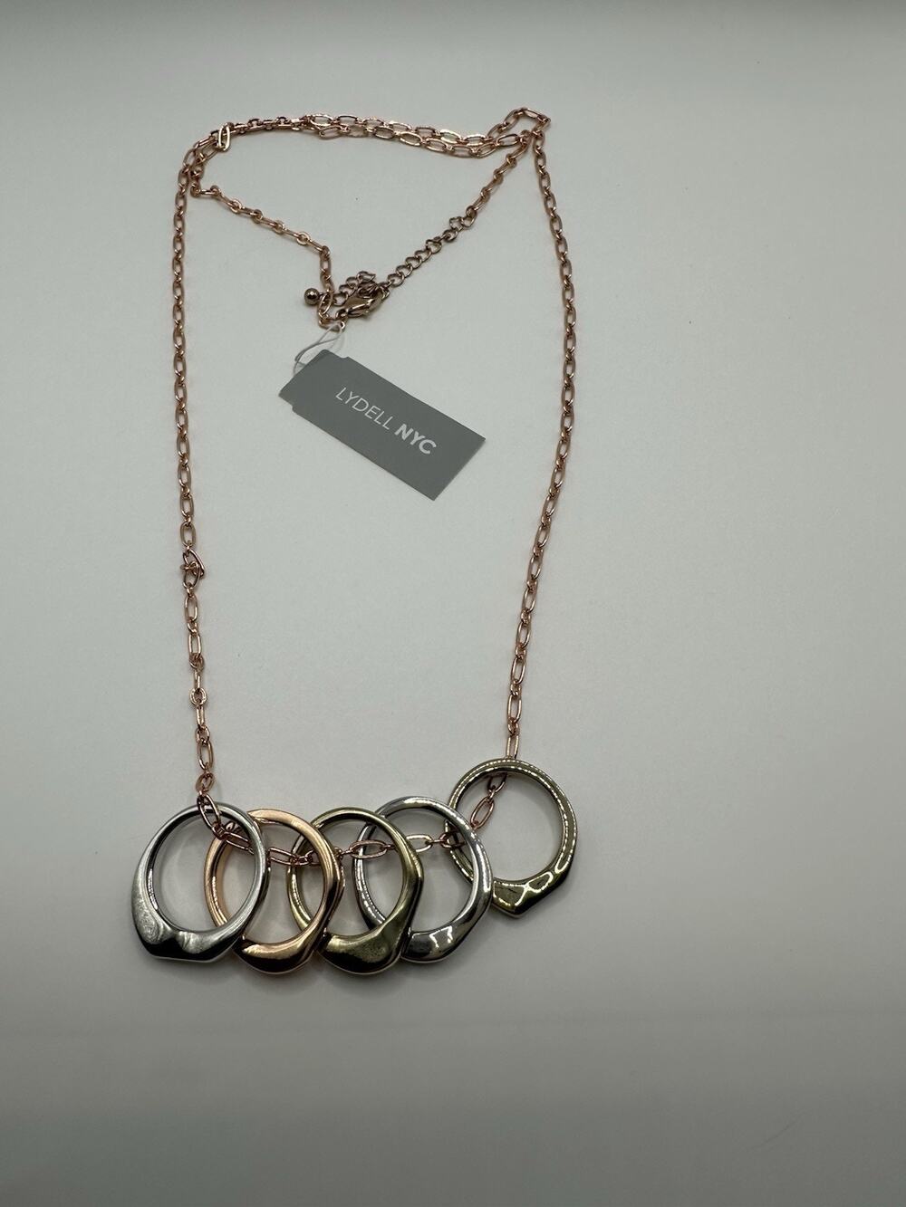 NWT LYDELL NYC Cooper Tone Chain Necklace With Mixed Metal Rings 34”